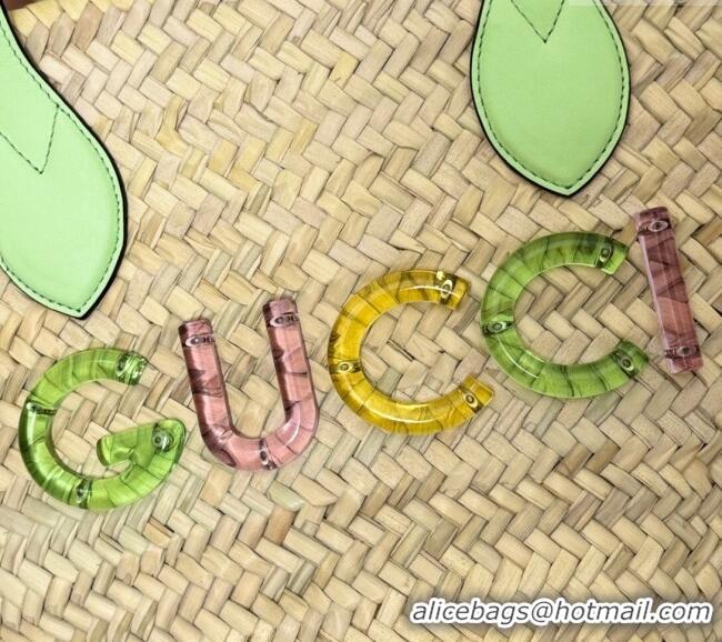 Super Quality Gucci Mini Straw Tote Bag with Gucci Logo 782381 Green 2024