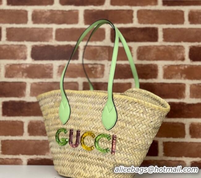 Super Quality Gucci Mini Straw Tote Bag with Gucci Logo 782381 Green 2024