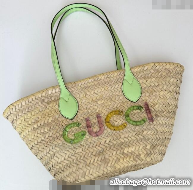 Super Quality Gucci Mini Straw Tote Bag with Gucci Logo 782381 Green 2024