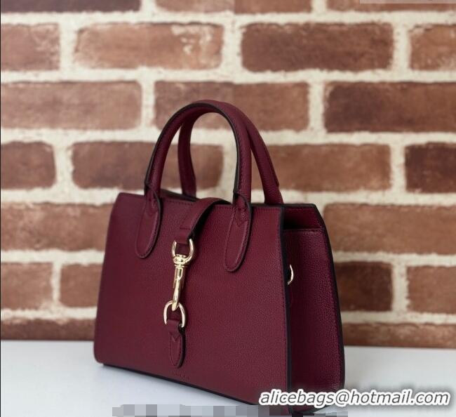 Buy Fashionable Gucci Grainy Leather Small Tote Bag with Hook Closure 795349 Dark Burgundy 2024
