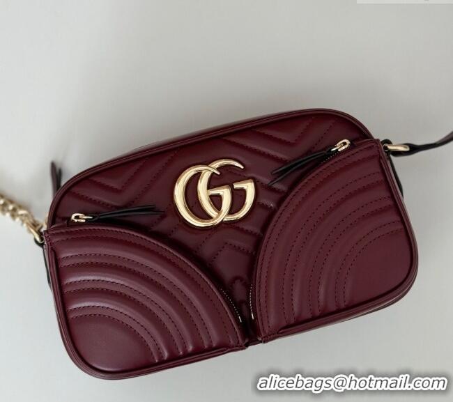 New Product Gucci GG Marmont Leather Small Shoulder Bag with Zip Pocket 798715 Dark Burgundy 2024