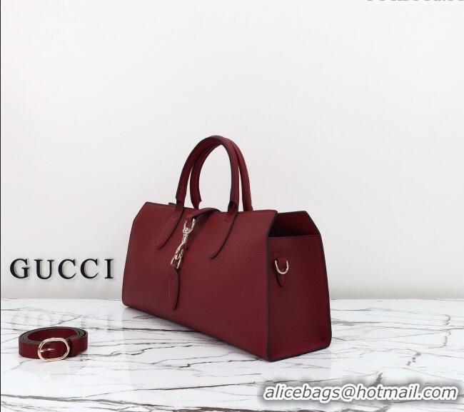 Famous Brand Gucci Grainy Leather Medium Tote Bag with Hook Closure 795282 Dark Burgundy 2024