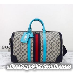 Best Quality Gucci Savoy GG Canvas Small Duffle Travel Bag with Fluorescent Blue Trim 724642 2024