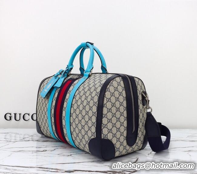 Best Quality Gucci Savoy GG Canvas Small Duffle Travel Bag with Fluorescent Blue Trim 724642 2024