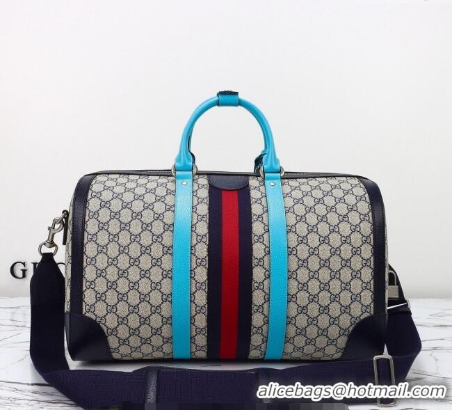 Best Quality Gucci Savoy GG Canvas Small Duffle Travel Bag with Fluorescent Blue Trim 724642 2024