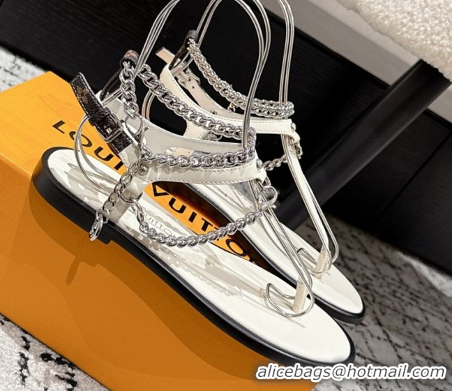 Shop Cheap Louis Vuitton LV Vibe Flat Thong Sandals in Leather and Chain White 0609043