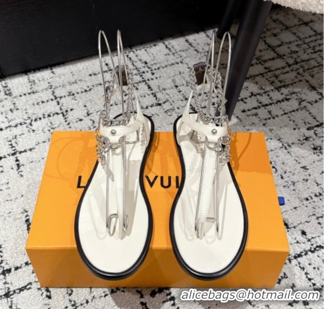 Shop Cheap Louis Vuitton LV Vibe Flat Thong Sandals in Leather and Chain White 0609043
