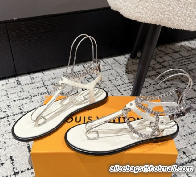 Shop Cheap Louis Vuitton LV Vibe Flat Thong Sandals in Leather and Chain White 0609043