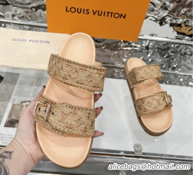 Unique Style Louis Vuitton Bom Dia Flat Comfort Slides Sandal in Raffia Straw Brown 0609044