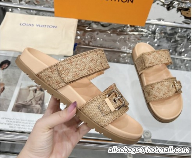Unique Style Louis Vuitton Bom Dia Flat Comfort Slides Sandal in Raffia Straw Brown 0609044