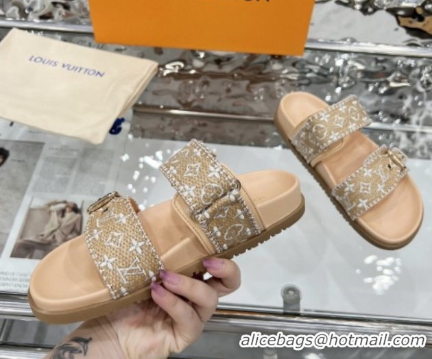 Buy Luxury Louis Vuitton Bom Dia Flat Comfort Slides Sandal in Raffia Straw White 0609045
