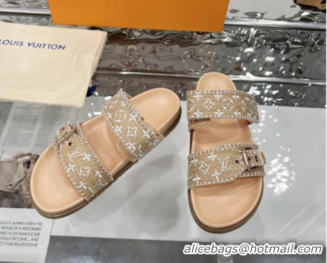 Buy Luxury Louis Vuitton Bom Dia Flat Comfort Slides Sandal in Raffia Straw White 0609045