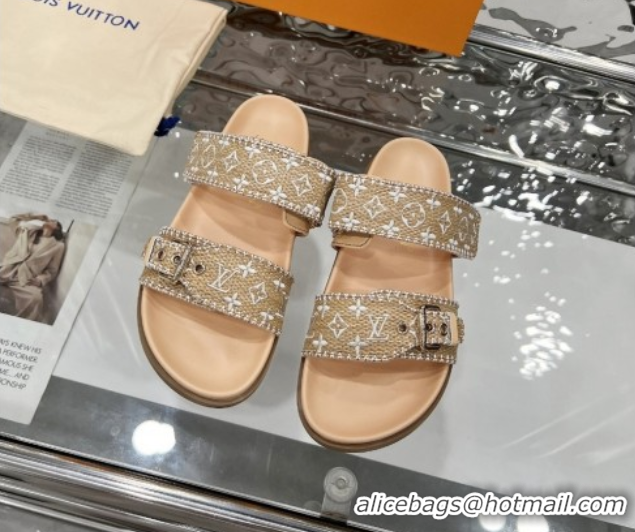 Buy Luxury Louis Vuitton Bom Dia Flat Comfort Slides Sandal in Raffia Straw White 0609045