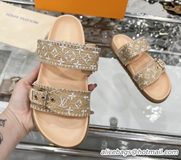 Buy Luxury Louis Vuitton Bom Dia Flat Comfort Slides Sandal in Raffia Straw White 0609045