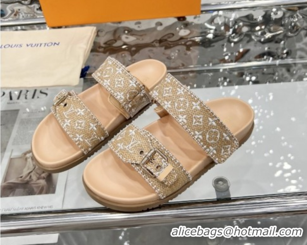 Buy Luxury Louis Vuitton Bom Dia Flat Comfort Slides Sandal in Raffia Straw White 0609045