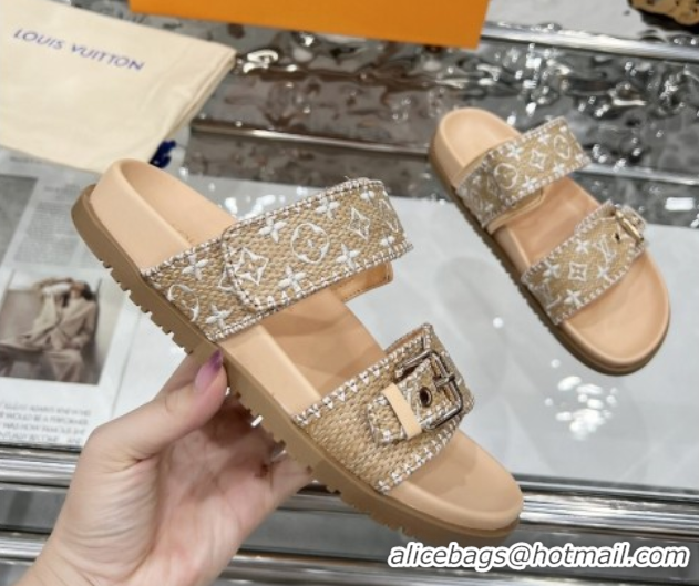 Buy Luxury Louis Vuitton Bom Dia Flat Comfort Slides Sandal in Raffia Straw White 0609045