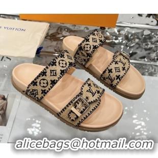 Grade Quality Louis Vuitton Bom Dia Flat Comfort Slides Sandal in Raffia Straw Black 0609046