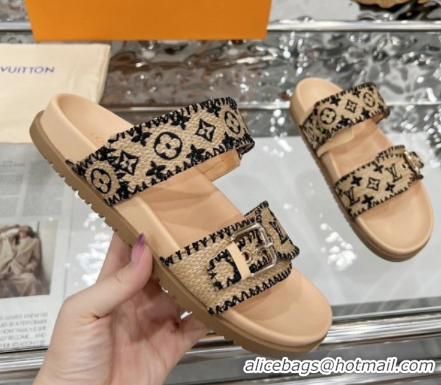 Grade Quality Louis Vuitton Bom Dia Flat Comfort Slides Sandal in Raffia Straw Black 0609046
