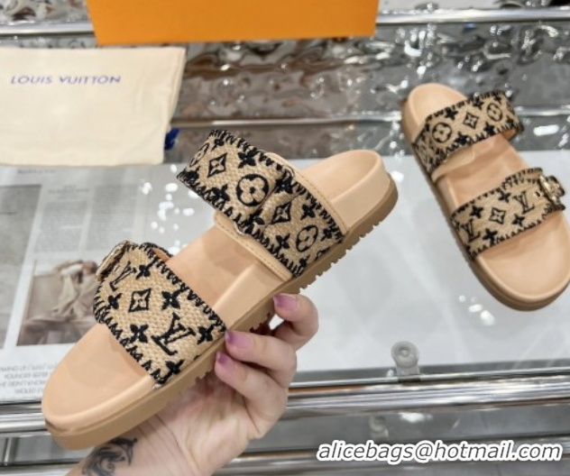 Grade Quality Louis Vuitton Bom Dia Flat Comfort Slides Sandal in Raffia Straw Black 0609046