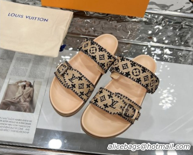 Grade Quality Louis Vuitton Bom Dia Flat Comfort Slides Sandal in Raffia Straw Black 0609046