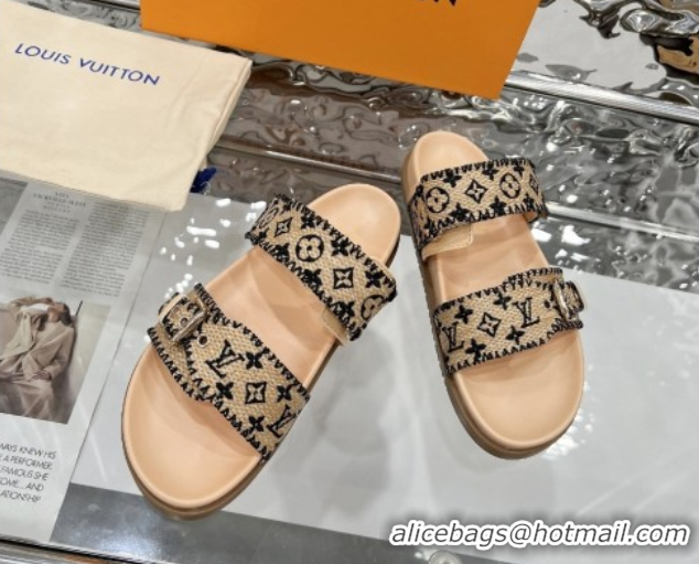 Grade Quality Louis Vuitton Bom Dia Flat Comfort Slides Sandal in Raffia Straw Black 0609046