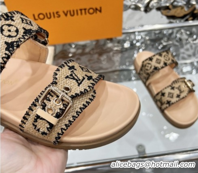 Grade Quality Louis Vuitton Bom Dia Flat Comfort Slides Sandal in Raffia Straw Black 0609046