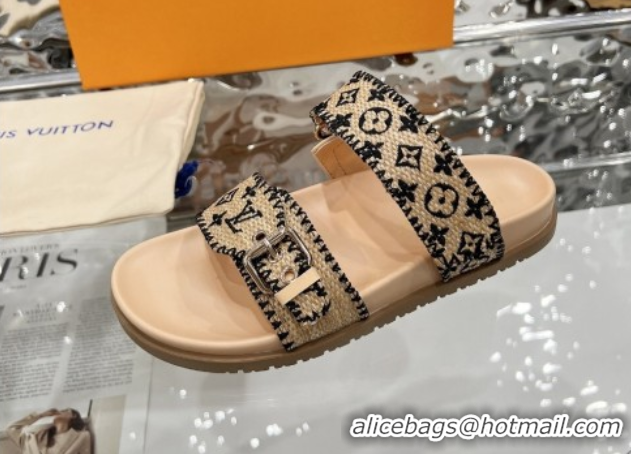 Grade Quality Louis Vuitton Bom Dia Flat Comfort Slides Sandal in Raffia Straw Black 0609046
