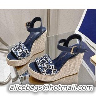 Good Quality Louis Vuitton Helios Wedge Espadrille Sandals 11cm in Monogram Jacquard Navy Blue 0609047