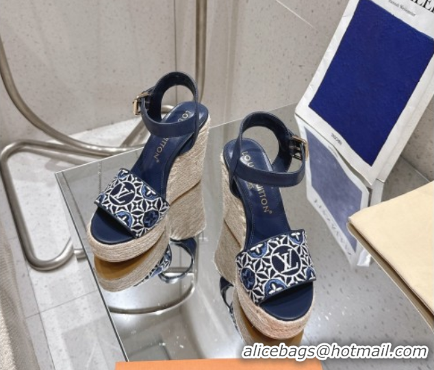 Good Quality Louis Vuitton Helios Wedge Espadrille Sandals 11cm in Monogram Jacquard Navy Blue 0609047
