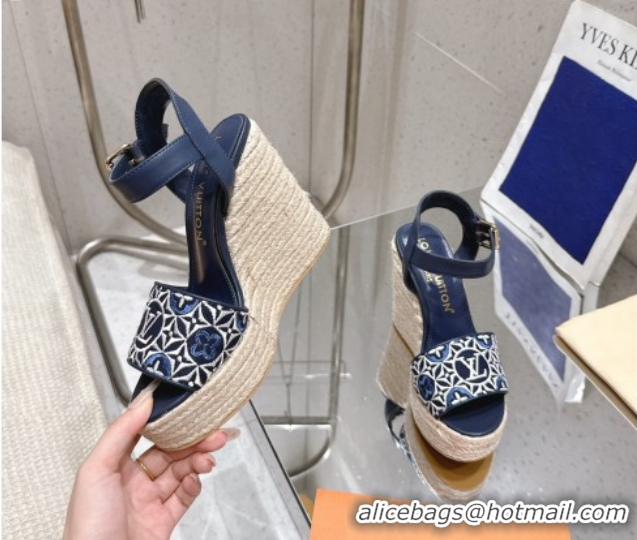 Good Quality Louis Vuitton Helios Wedge Espadrille Sandals 11cm in Monogram Jacquard Navy Blue 0609047