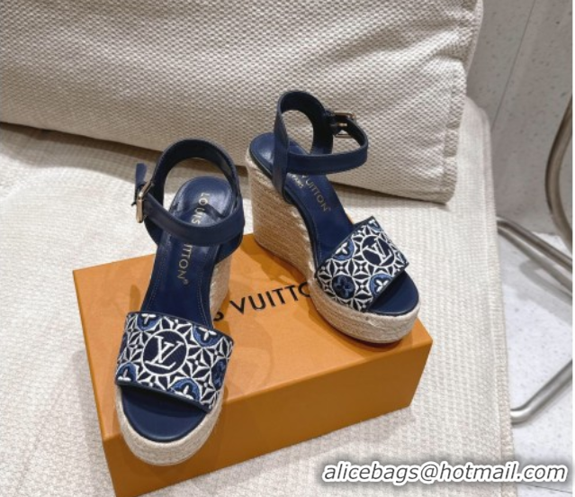 Good Quality Louis Vuitton Helios Wedge Espadrille Sandals 11cm in Monogram Jacquard Navy Blue 0609047