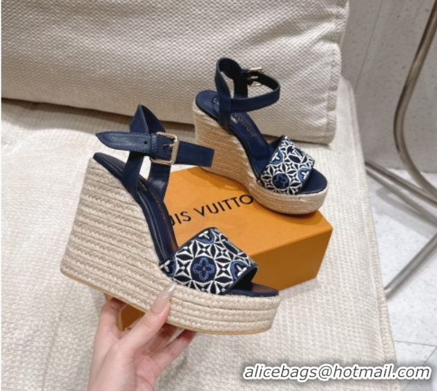 Good Quality Louis Vuitton Helios Wedge Espadrille Sandals 11cm in Monogram Jacquard Navy Blue 0609047