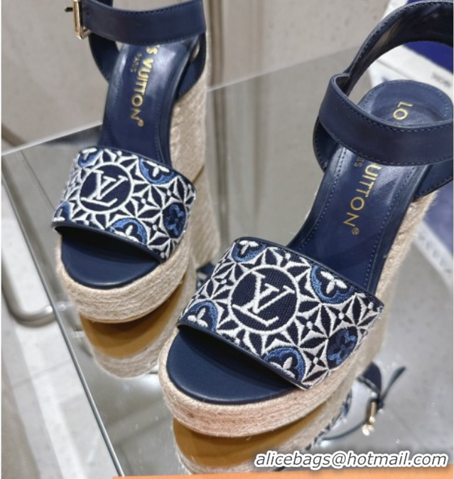 Good Quality Louis Vuitton Helios Wedge Espadrille Sandals 11cm in Monogram Jacquard Navy Blue 0609047