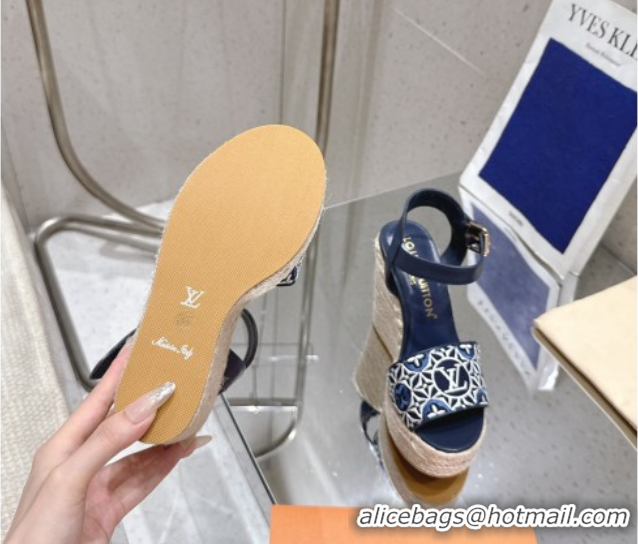 Good Quality Louis Vuitton Helios Wedge Espadrille Sandals 11cm in Monogram Jacquard Navy Blue 0609047
