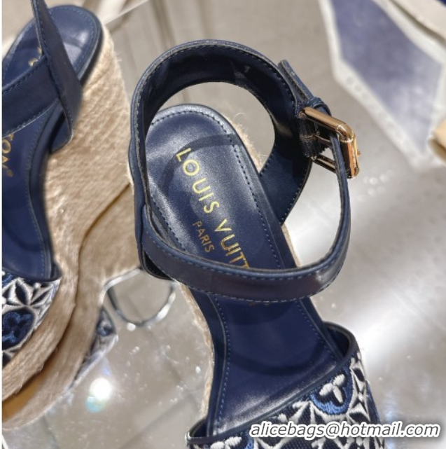 Good Quality Louis Vuitton Helios Wedge Espadrille Sandals 11cm in Monogram Jacquard Navy Blue 0609047