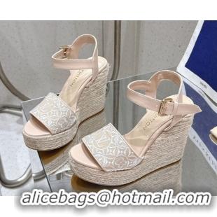 Pretty Style Louis Vuitton Helios Wedge Espadrille Sandals 11cm in Monogram Jacquard Nude Pink 0609048