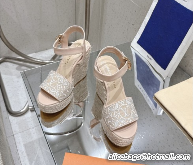 Pretty Style Louis Vuitton Helios Wedge Espadrille Sandals 11cm in Monogram Jacquard Nude Pink 0609048
