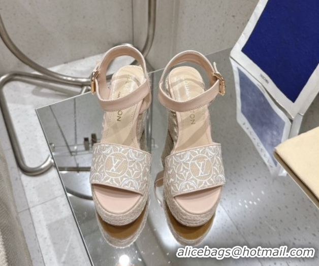 Pretty Style Louis Vuitton Helios Wedge Espadrille Sandals 11cm in Monogram Jacquard Nude Pink 0609048