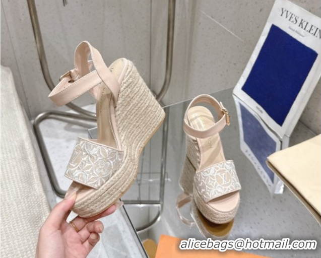 Pretty Style Louis Vuitton Helios Wedge Espadrille Sandals 11cm in Monogram Jacquard Nude Pink 0609048