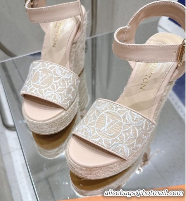 Pretty Style Louis Vuitton Helios Wedge Espadrille Sandals 11cm in Monogram Jacquard Nude Pink 0609048