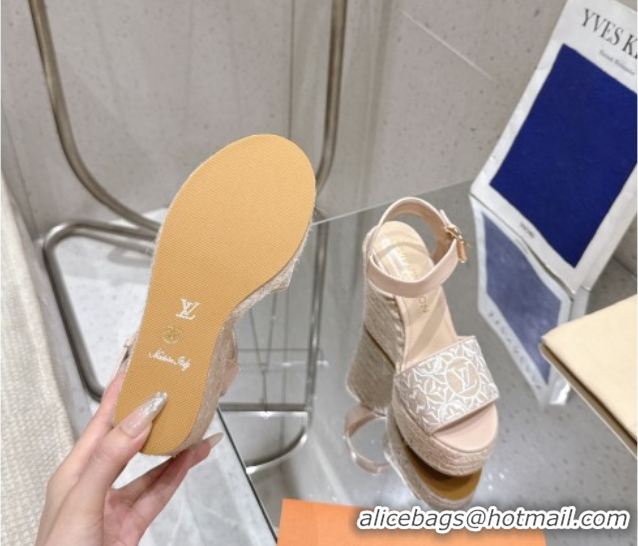 Pretty Style Louis Vuitton Helios Wedge Espadrille Sandals 11cm in Monogram Jacquard Nude Pink 0609048