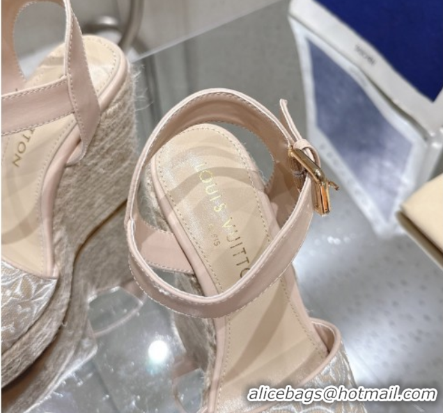 Pretty Style Louis Vuitton Helios Wedge Espadrille Sandals 11cm in Monogram Jacquard Nude Pink 0609048