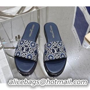 Top Grade Louis Vuitton Flat Slides Sandal in Monogram Jacquard Navy Blue 0609049