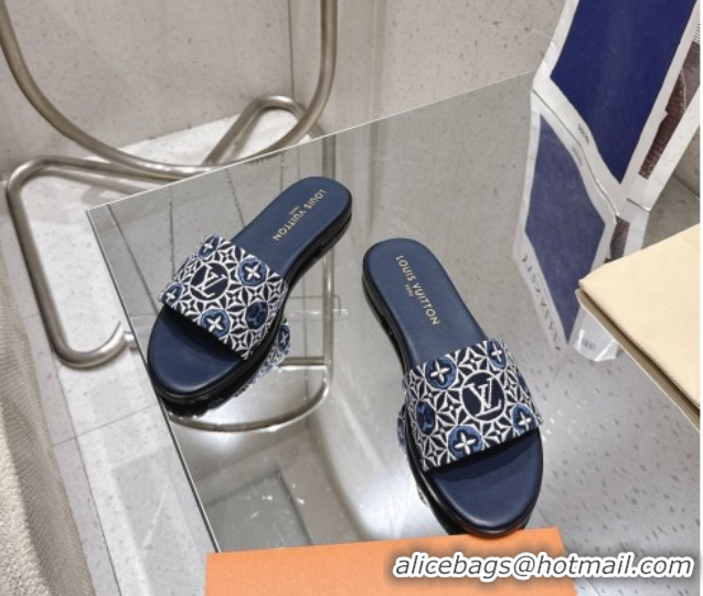Top Grade Louis Vuitton Flat Slides Sandal in Monogram Jacquard Navy Blue 0609049
