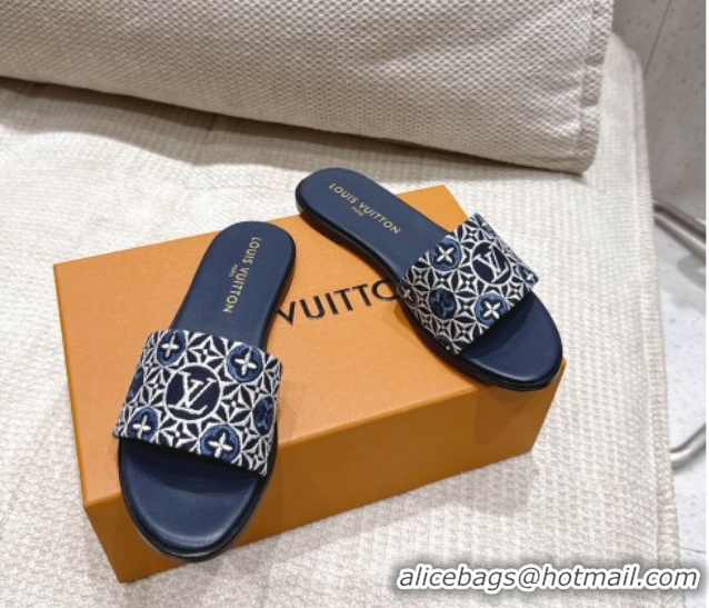 Top Grade Louis Vuitton Flat Slides Sandal in Monogram Jacquard Navy Blue 0609049