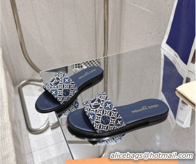 Top Grade Louis Vuitton Flat Slides Sandal in Monogram Jacquard Navy Blue 0609049