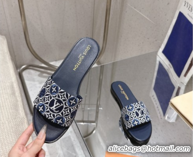 Top Grade Louis Vuitton Flat Slides Sandal in Monogram Jacquard Navy Blue 0609049