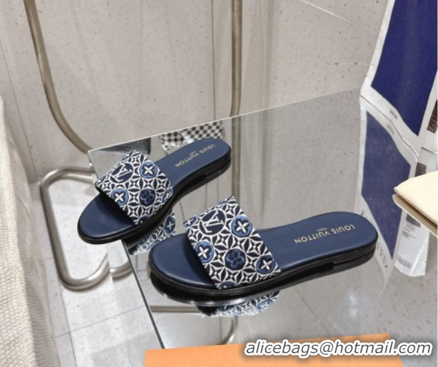 Top Grade Louis Vuitton Flat Slides Sandal in Monogram Jacquard Navy Blue 0609049