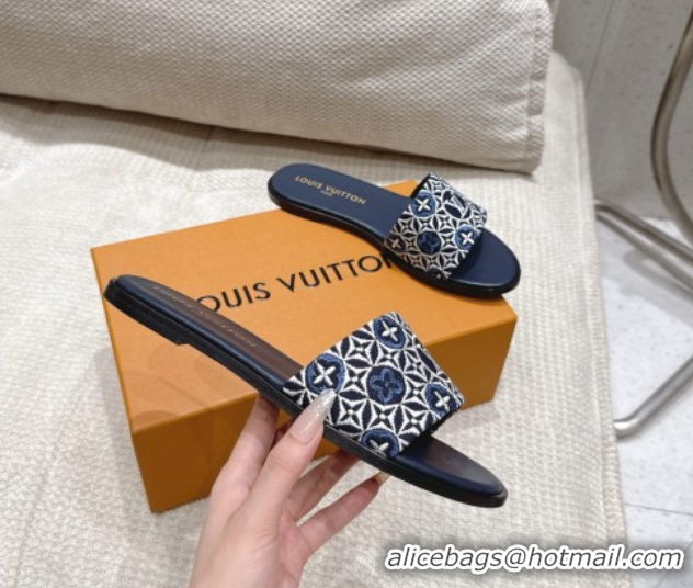 Top Grade Louis Vuitton Flat Slides Sandal in Monogram Jacquard Navy Blue 0609049