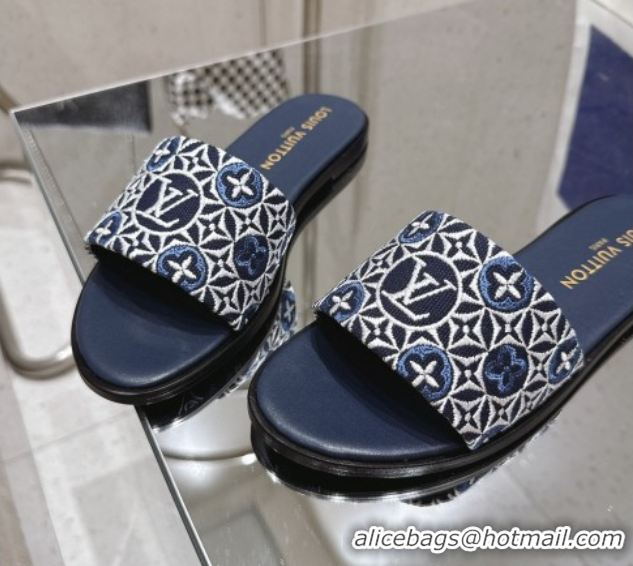 Top Grade Louis Vuitton Flat Slides Sandal in Monogram Jacquard Navy Blue 0609049